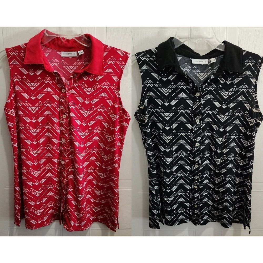 x2 Susan Graver Women's Sleeveless Button Up Collared Tops Pink/Black‎ Sz Small